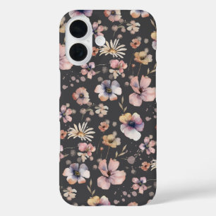 Funda iPhone 16 Patrón de flores silvestres rosadas con acuarela b