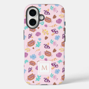 Funda iPhone 16 Patrón de gato de Cheshire floral monograma rosa