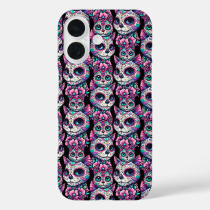 Funda iPhone 16 Patrón de gato de cráneo de azúcar
