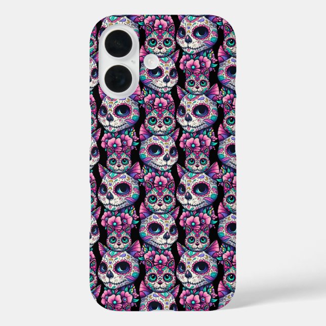 Funda iPhone 16 Patrón de gato de cráneo de azúcar (Reverso )