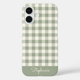 Funda iPhone 16 Patrón de Gingham en Cuadros Verdes Nombre