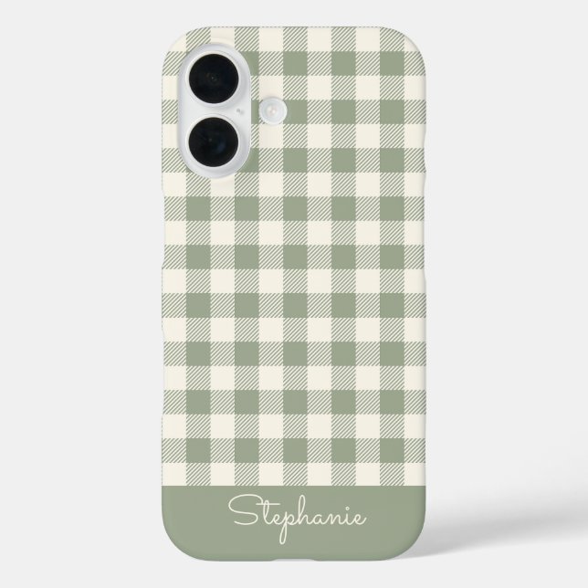 Funda iPhone 16 Patrón de Gingham en Cuadros Verdes Nombre (Reverso )