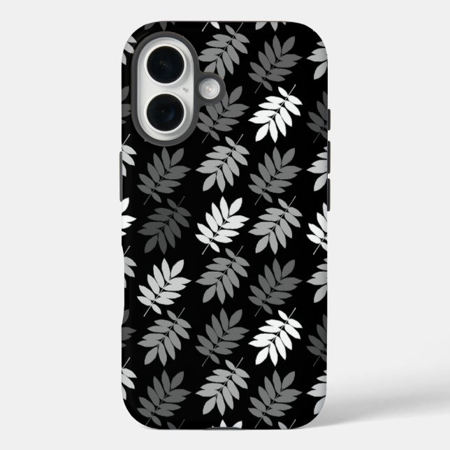 Funda iPhone 16 Patrón de hoja de anciano negro blanco gris (Reverso )