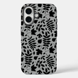 Funda iPhone 16 Patrón de hojas caídas negro sobre gris