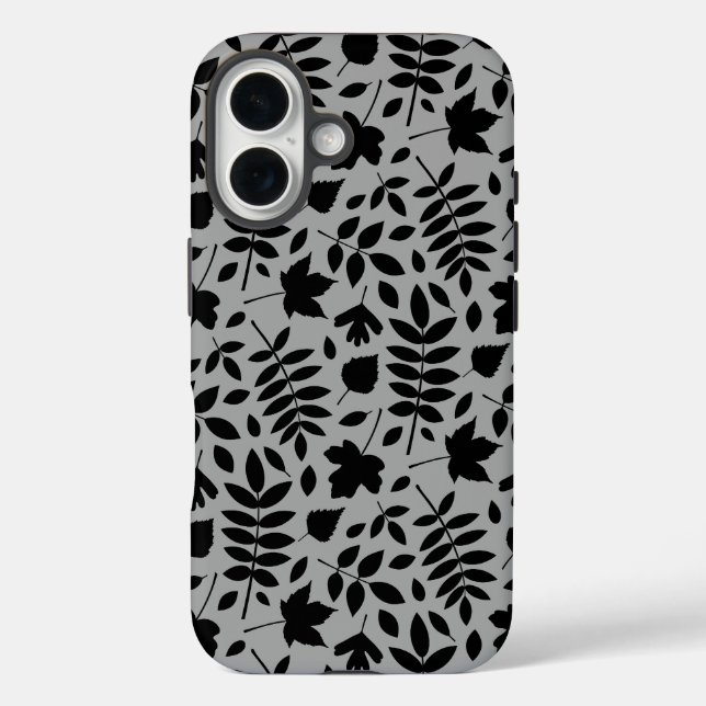 Funda iPhone 16 Patrón de hojas caídas negro sobre gris (Reverso )