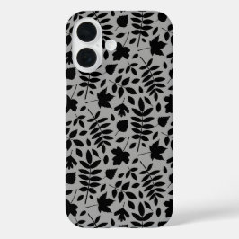 Funda iPhone 16 Patrón de hojas caídas negro sobre gris