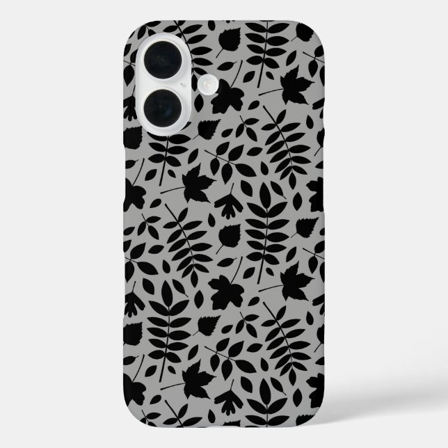Funda iPhone 16 Patrón de hojas caídas negro sobre gris (Reverso )