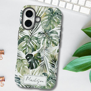 Funda iPhone 16 Patrón de hojas de bosque tropical verde acuarela