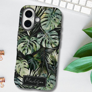 Funda iPhone 16 Patrón de hojas de bosque tropical verde acuarela