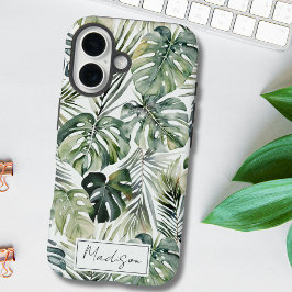 Funda iPhone 16 Patrón de hojas de selva tropical verde acuarela