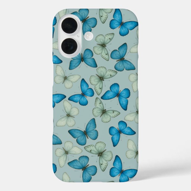 Funda iPhone 16 Patrón de jardín de mariposa azul (Reverso )