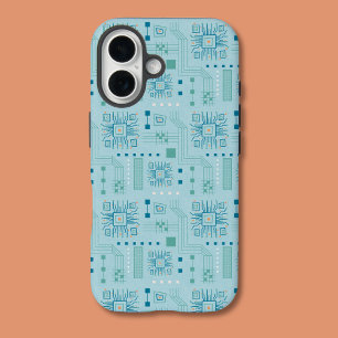 Funda iPhone 16 Patrón de la tarjeta de circuitos azul y Verde azu
