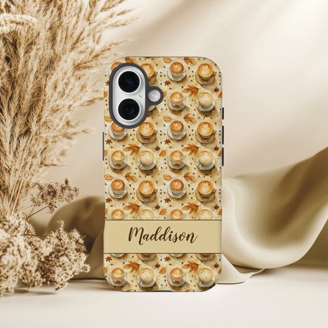 Funda iPhone 16 Patrón de latte de otoño rústico con hojas de otoñ (Subido por el creador)
