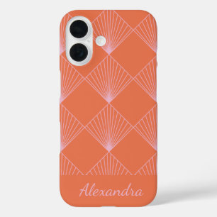 Funda iPhone 16 Patrón de línea Art Déco naranja y rosa personaliz