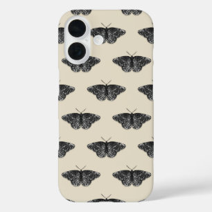Funda iPhone 16 Patrón de mariposa brillante negra en crema