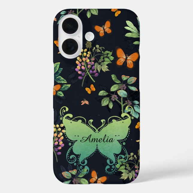 Funda iPhone 16 Patrón de mariposa floral oscuro personalizado de  (Reverso )