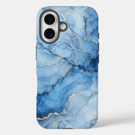Funda iPhone 16 Patrón de mármol azul con vetas doradas acuarela