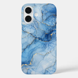 Funda iPhone 16 Patrón de mármol azul con vetas doradas acuarela