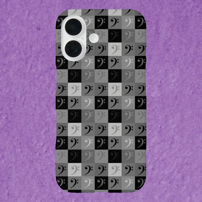 Funda iPhone 16 Patrón de música Bass Clef Gris y Negro (A phone case with a pattern of bass clefs done in blacks and grays.)