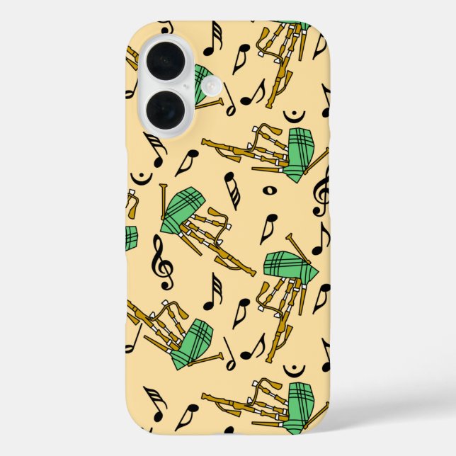 Funda iPhone 16 Patrón de notas musicales de Bagpipes (Reverso )