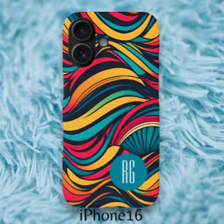 Funda iPhone 16 Patrón de ondas abstractas monogramadas personaliz