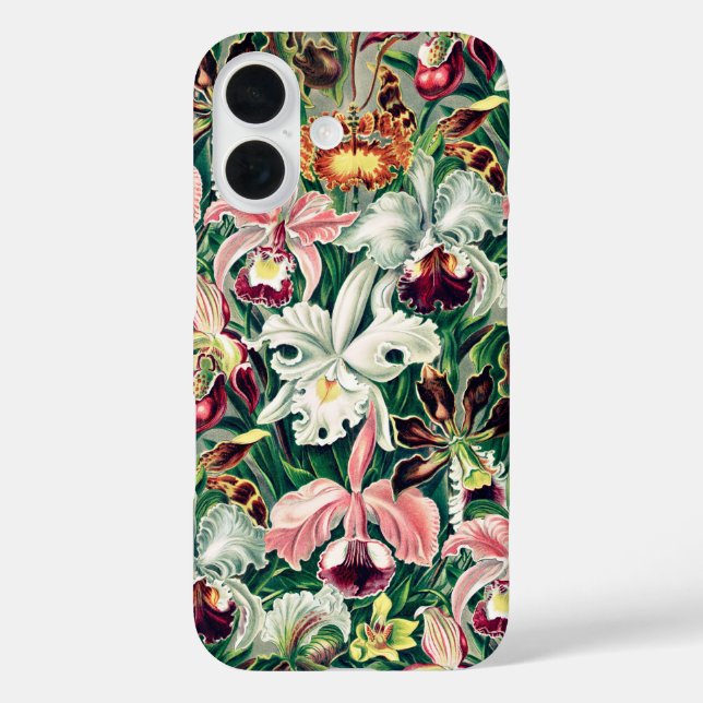 Funda iPhone 16 Patrón de orquídeas verdes amarillas blancas (Reverso )