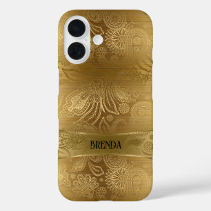 Funda iPhone 16 Patrón de paisley floral de oro y oro metálico