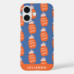 Funda iPhone 16 Patrón de Piña Adorable en Naranja Azul Personaliz