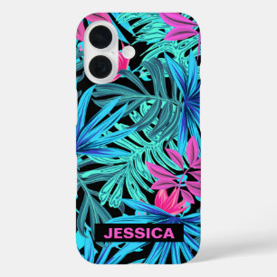 Funda iPhone 16 Patrón de planta tropical azul rosa neón personali