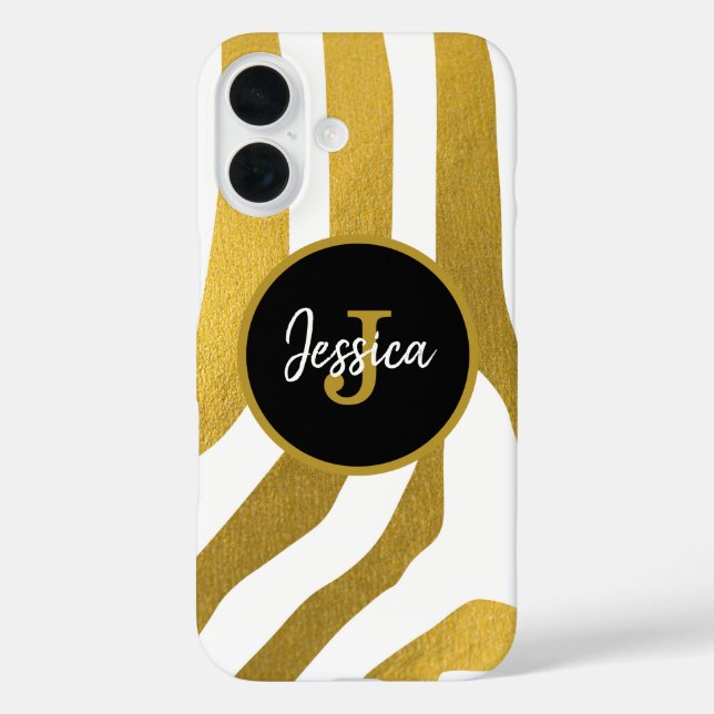 Funda iPhone 16 Patrón de rayas de impresión Faux Gold Zebra (Reverso )