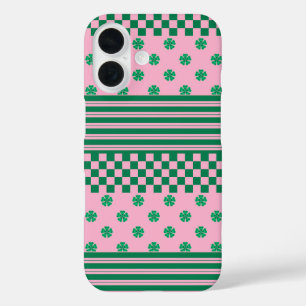 Funda iPhone 16 Patrón de rayas florales de la comprobación del Bo