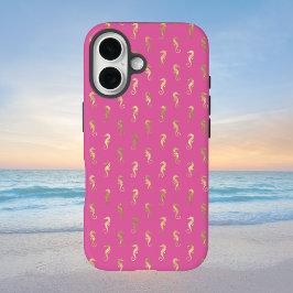 Funda iPhone 16 Patrón de repetición de caballitos de mar rosados