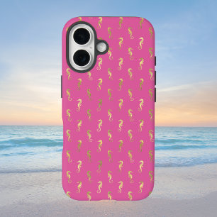 Funda iPhone 16 Patrón de repetición de caballitos de mar rosados 