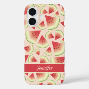 Funda iPhone 16 Patrón de rodajas de fruta de la sandía y nombre p