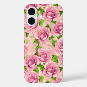 Funda iPhone 16 Patrón de rosas de acuarela rosa