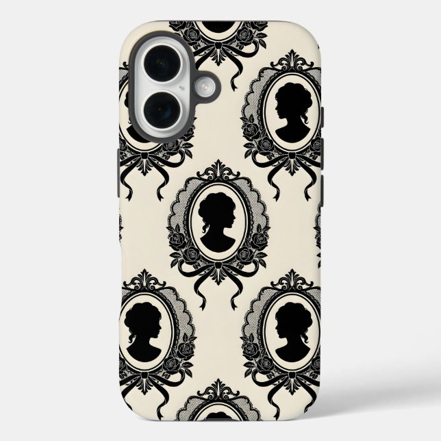 Funda iPhone 16 Patrón de silueta de camafeo gótico (Reverso )