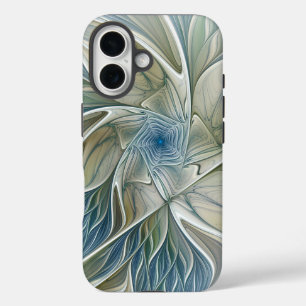 Funda iPhone 16 Patrón de sueño floral abstracto azul caqui fracta