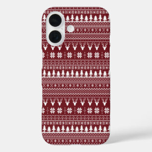 Funda iPhone 16 Patrón de suéter de Navidad de Reno Rojo Clásico