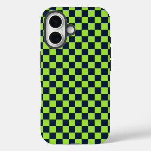 Funda iPhone 16 Patrón de tablero de ajedrez de color lima y azul
