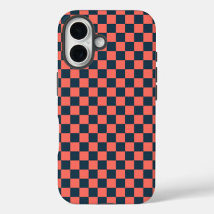 Funda iPhone 16 Patrón de tablero de ajedrez de coral y azul marin