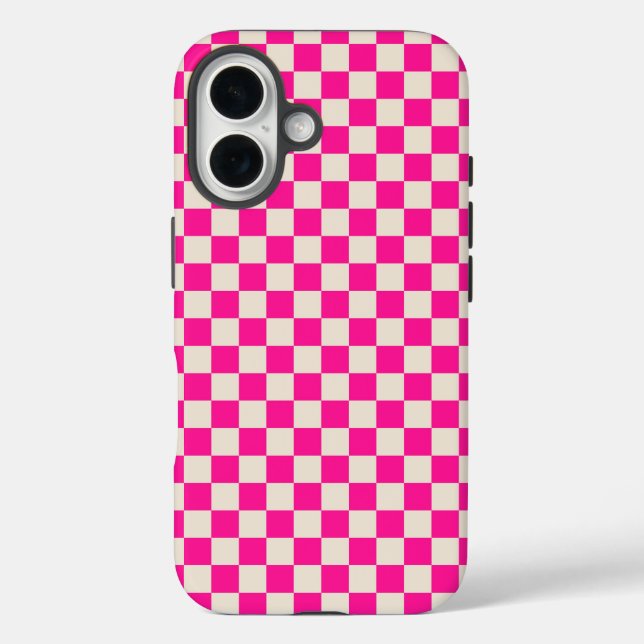 Funda iPhone 16 Patrón de tablero de ajedrez rosa caliente y bronc (Reverso )