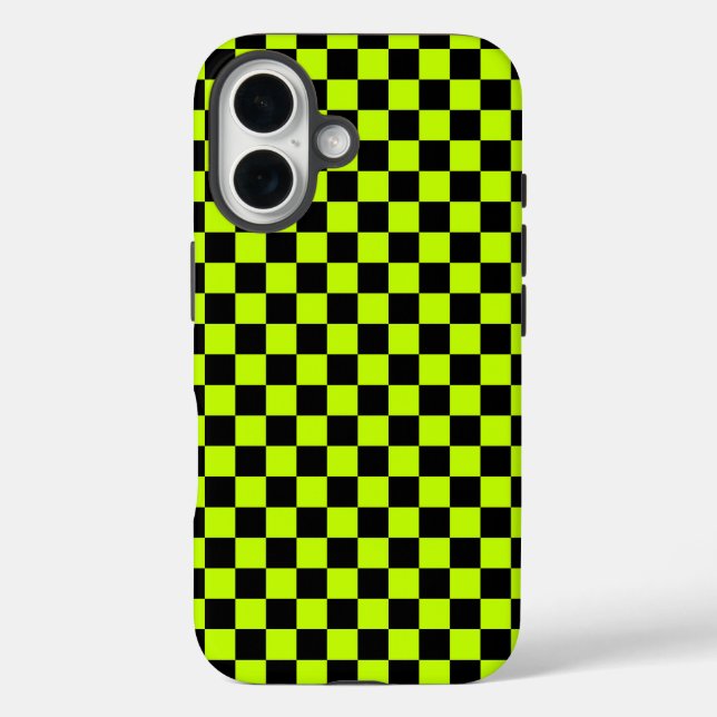 Funda iPhone 16 Patrón de tablero de ajedrez verde ácido y negro (Reverso )