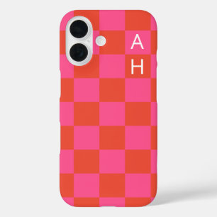Funda iPhone 16 Patrón de tablero de Naranja y rosa monogramado