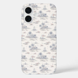 Funda iPhone 16 Patrón de Toile Francés Tropical Costero Azul