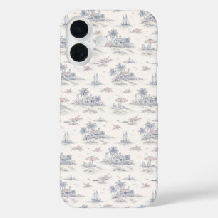 Funda iPhone 16 Patrón de Toile Francés Tropical Costero Azul