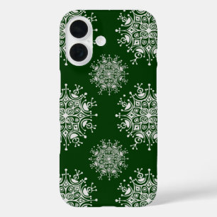 Funda iPhone 16 Patrón de tormenta de nieve verde de copo de nieve
