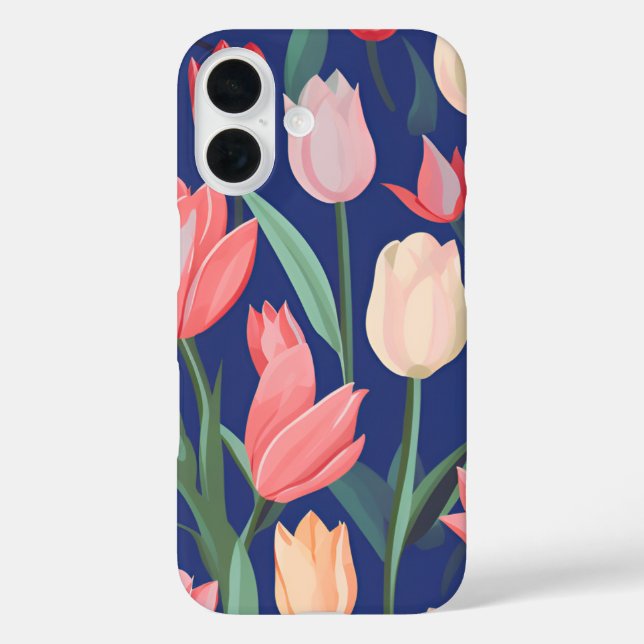 Funda iPhone 16 Patrón de tulipanes. (Reverso )