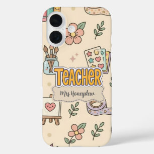 Funda iPhone 16 Patrón de útiles escolares para maestros de pastel