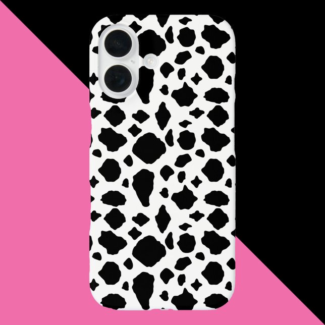 Funda iPhone 16 Patrón de vaca negro y blanco (A phone case with a black and white cow pattern)