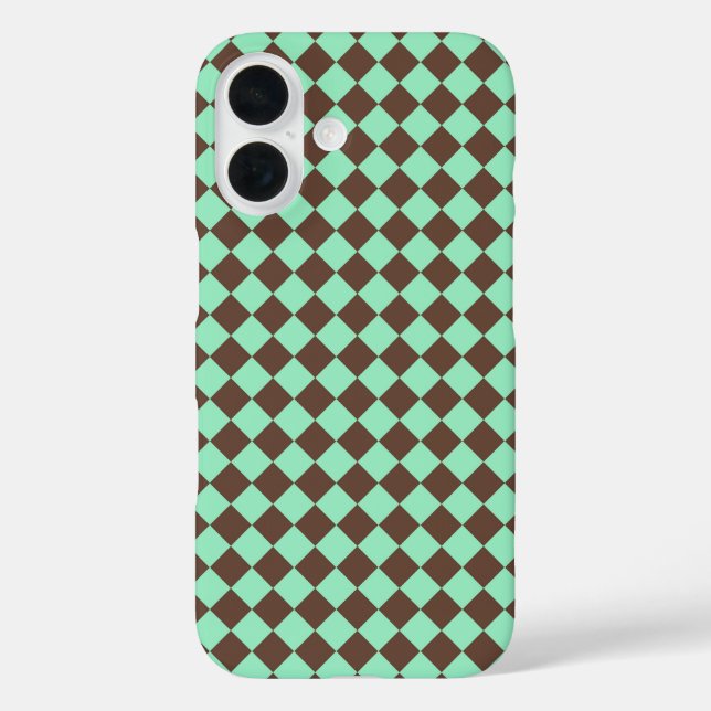 Funda iPhone 16 Patrón de verificador de diamantes verde marrón (Reverso )